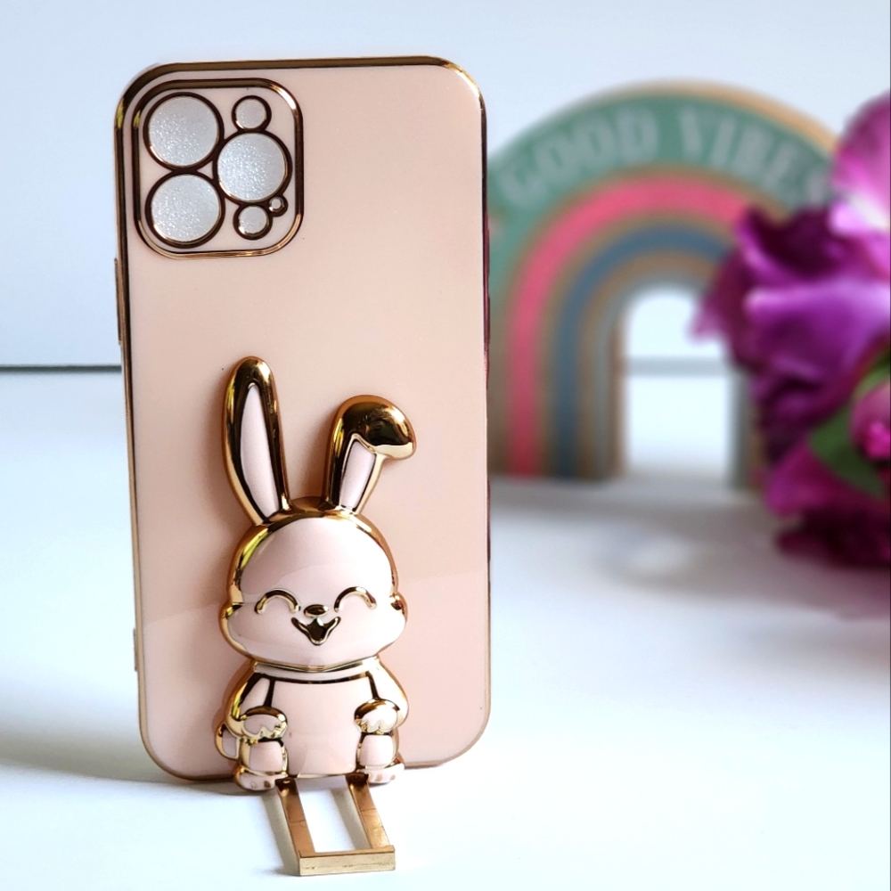🩷Pink & Gold Shockproof/Lense Protected 🐰Soft Shell iPhone Case w/Bunny Stand